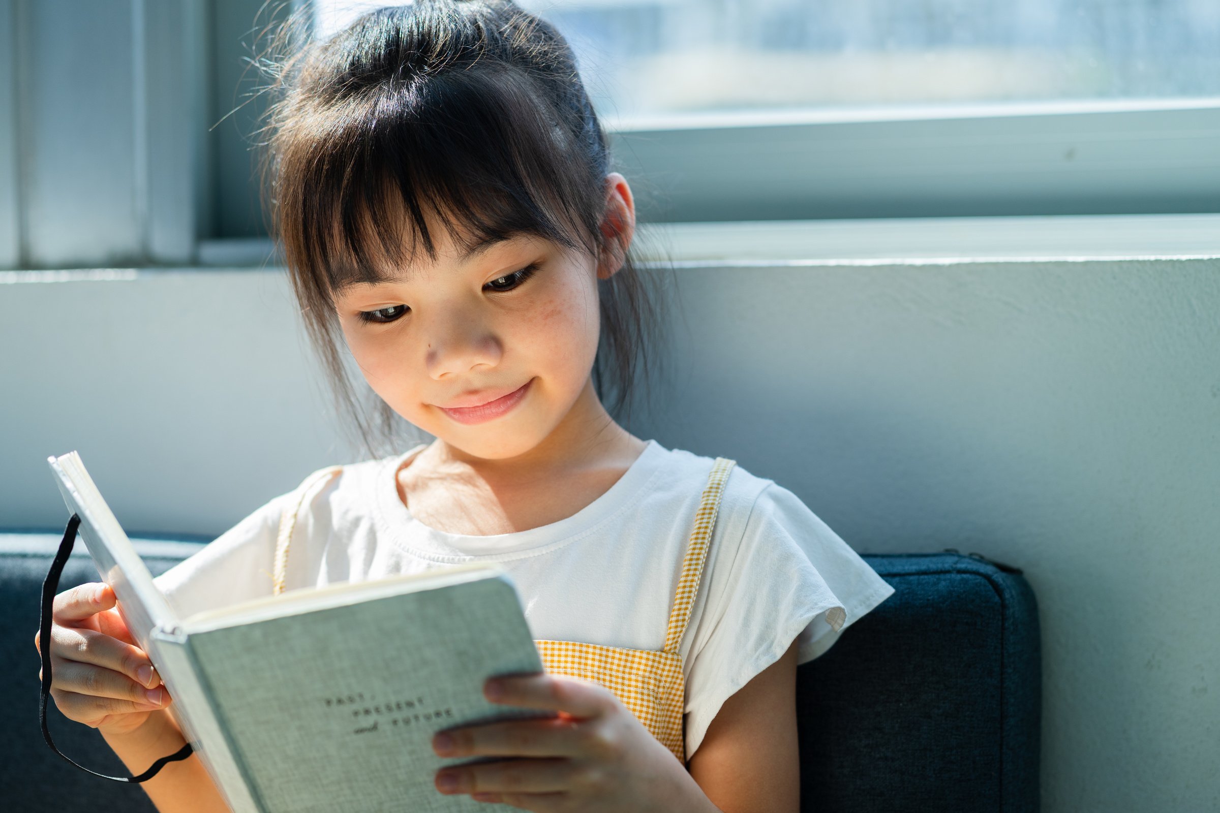 Asian Child Reading Book at Home